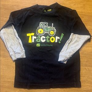John Deere Black Tee with Gray Layered Sleeves and Yellow/Green Tractor Graphic